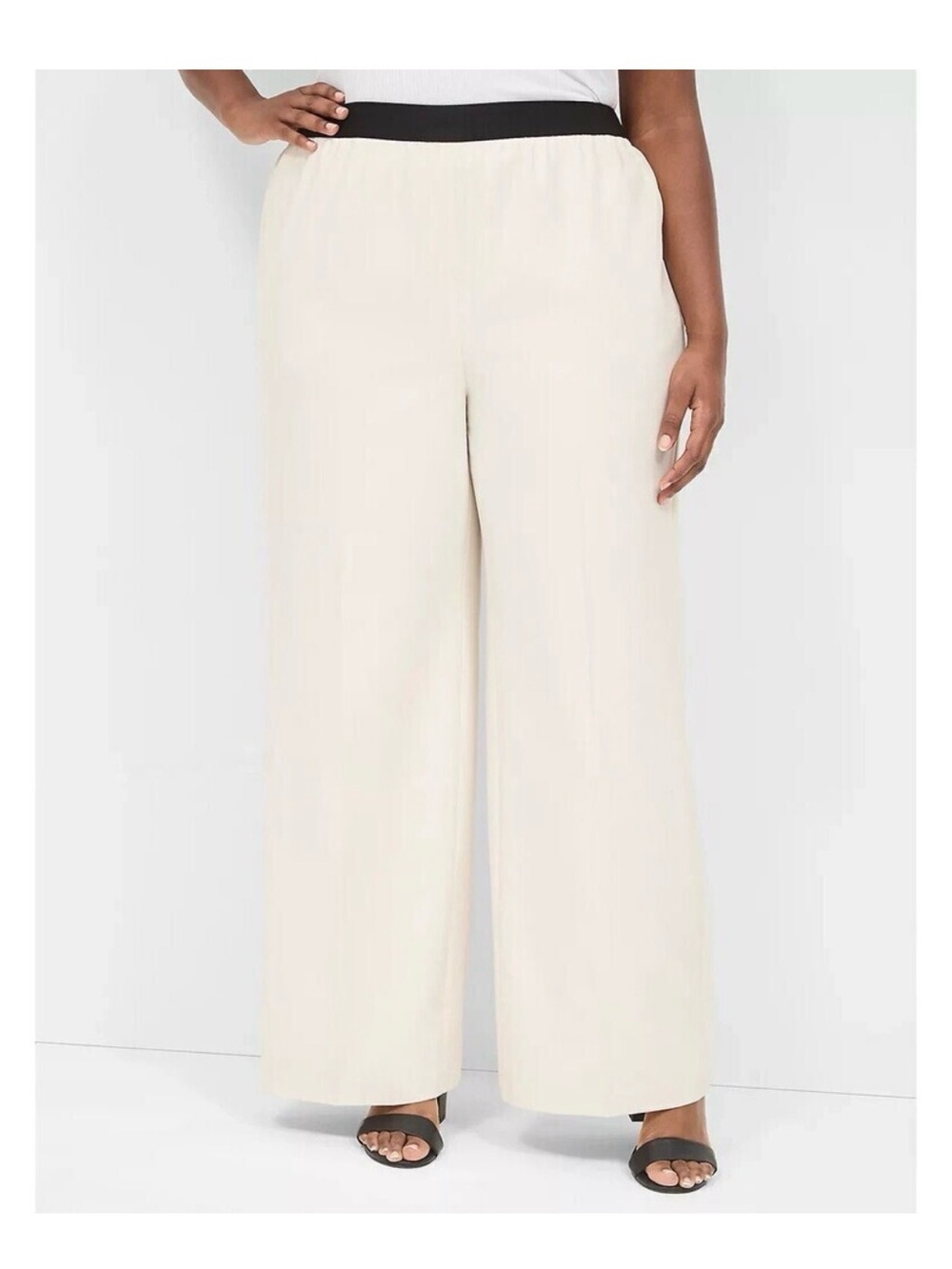 NWT Wide-Leg Cream Pull-On Pants with Contrast Waist Lane Bryant Plus Size 24